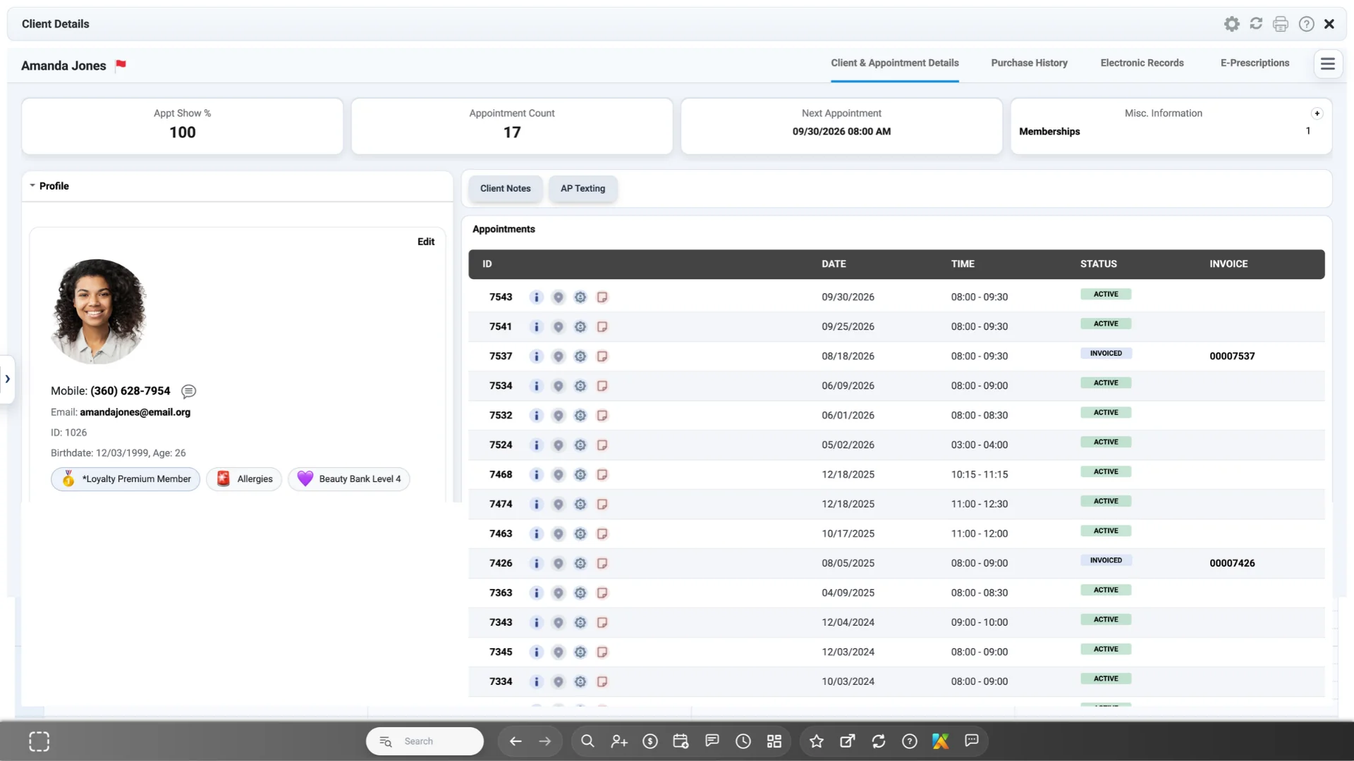AestheticsPro client profile with appointment history and client details